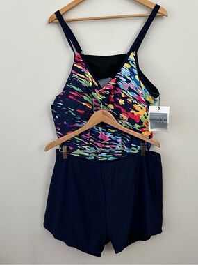 Hannah Nikole Tankini Set Blue Multicolor Plus Size 24W New Swim Short